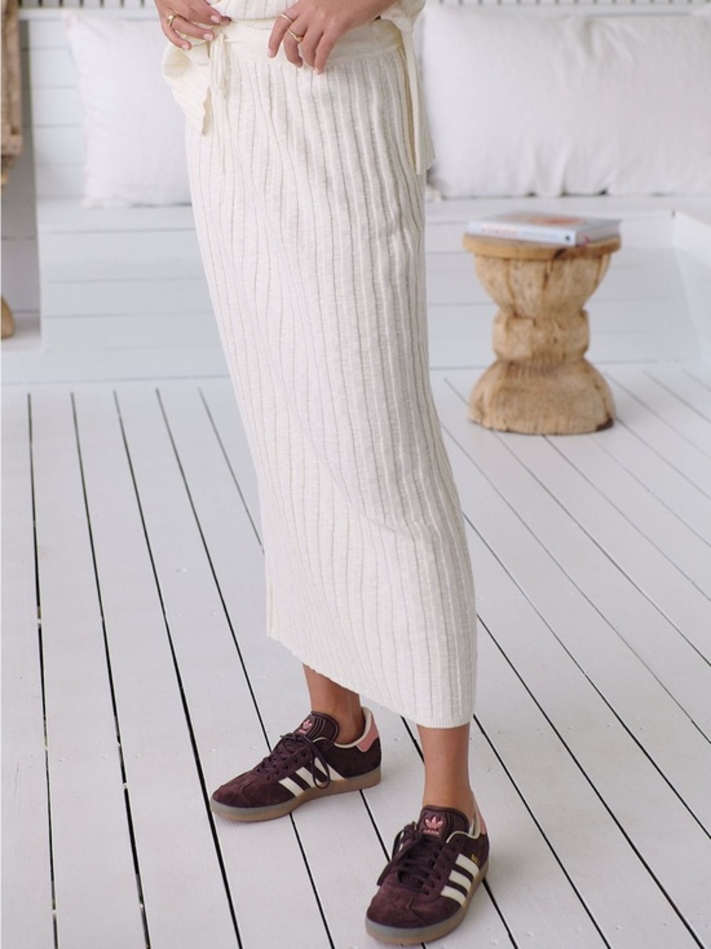 Free People FP Beach Cotton Blend Ribbed Knit Veda Midi Skirt Ivory Size S